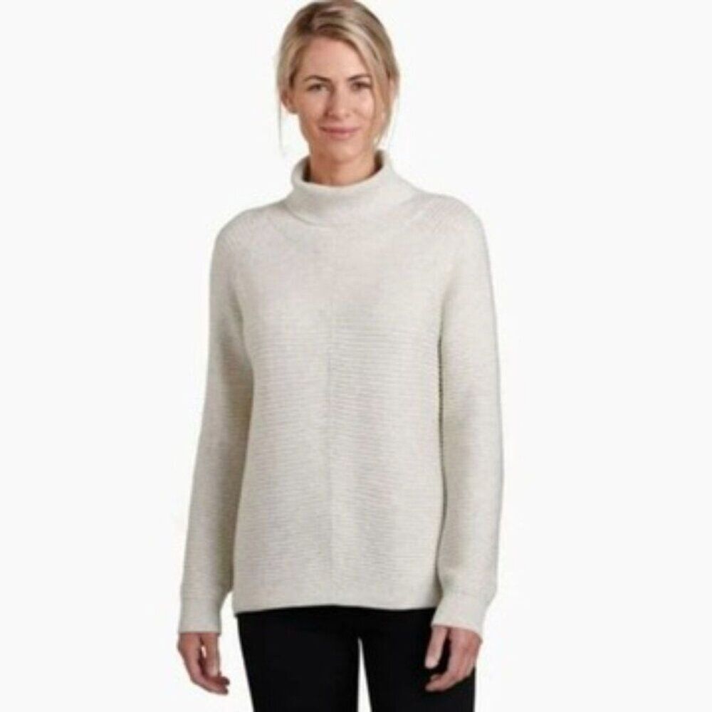 Kuhl Solace Snuggle Up Cotton Merino Blend Sweater Cowl Neck Cream Sz L